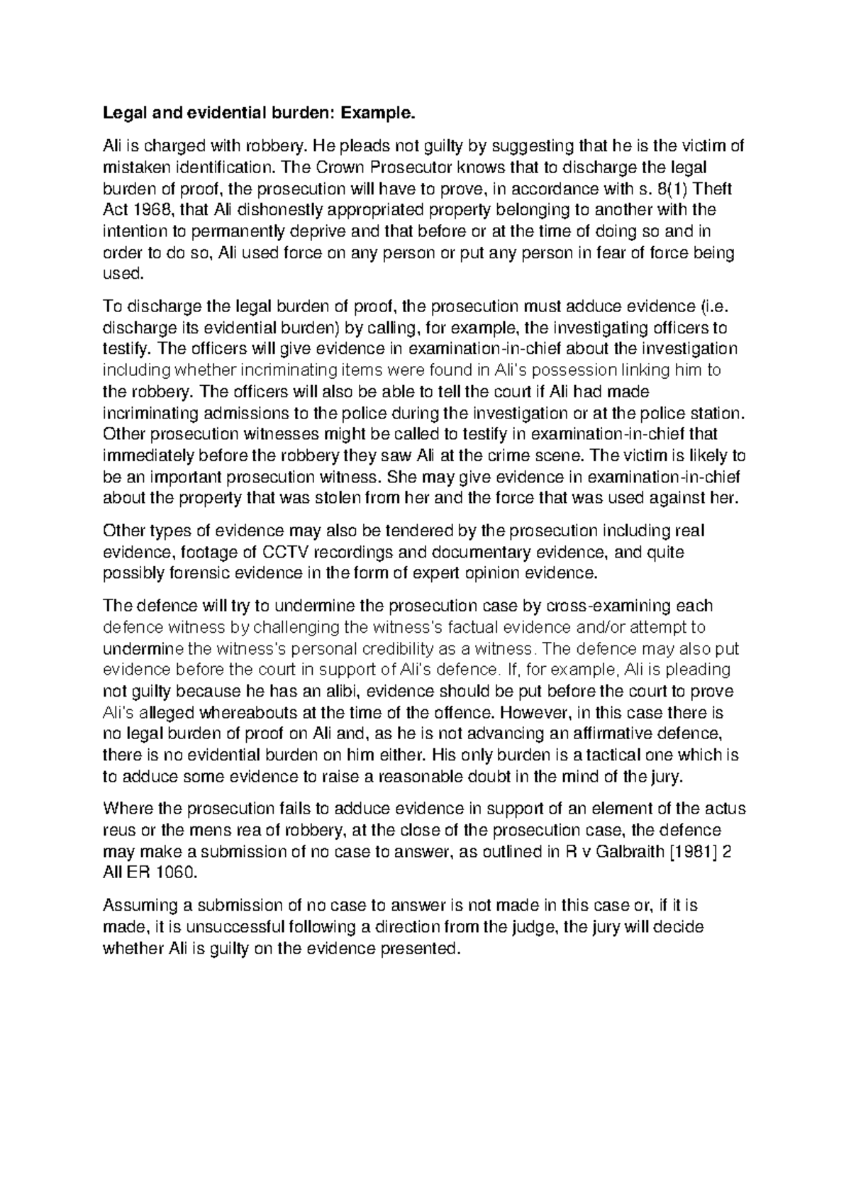 Legal and Evidential Burden in Robbery Case: Example Analysis - Studocu