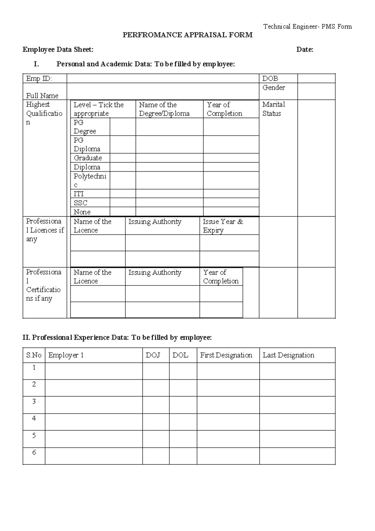 PMS Technical Engineer Performance Appraisal Form - Studocu