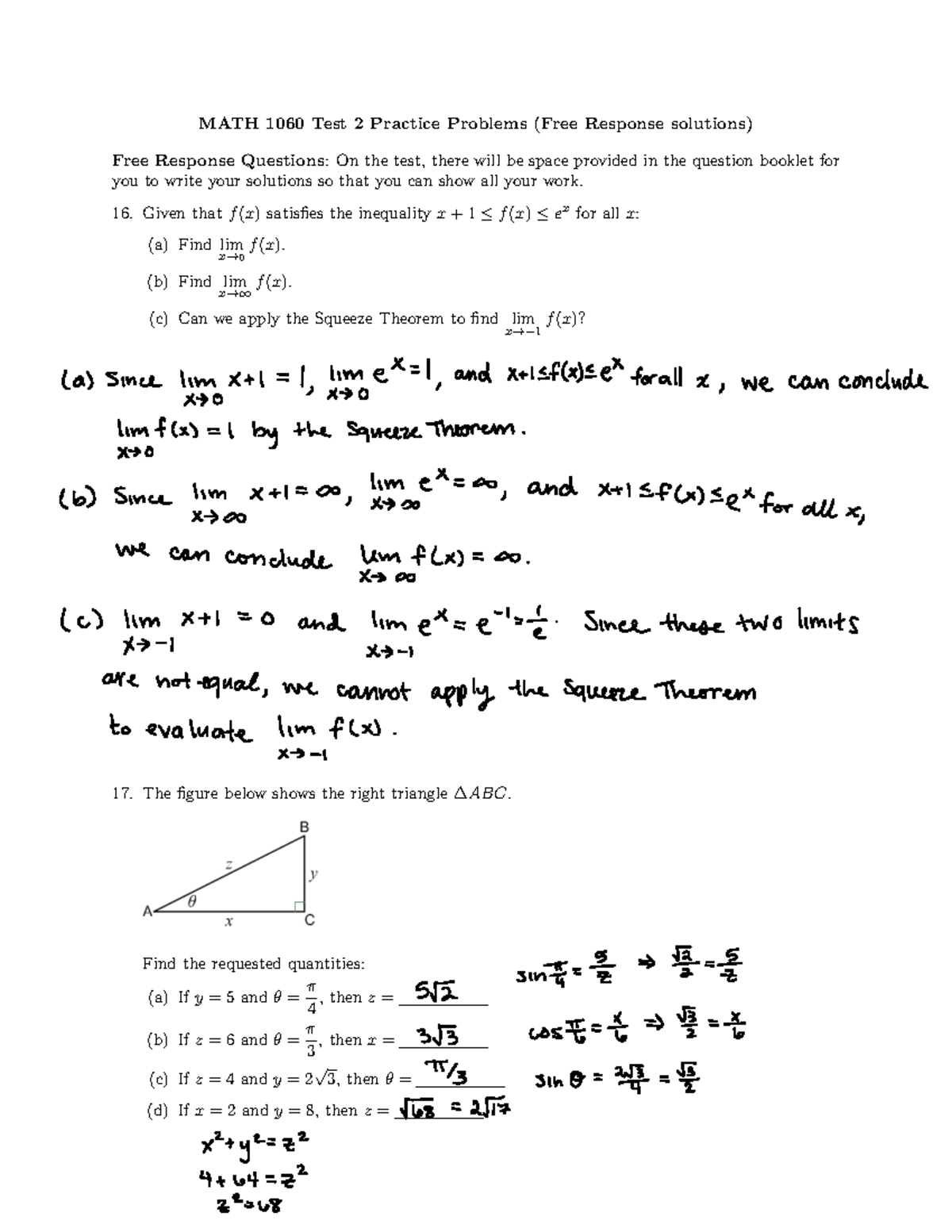 MATH 1060 Test 2 Practice Free Response Solutions - Studocu