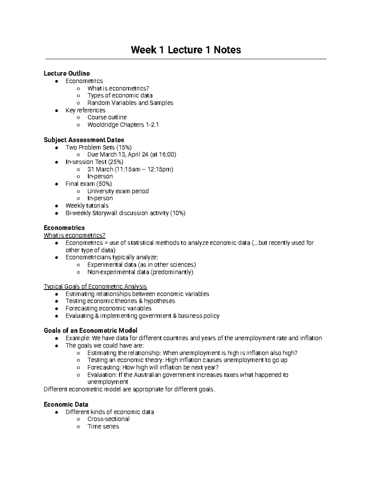 ECON2206 Week 1 Lecture Notes: Introduction to Econometrics - Studocu