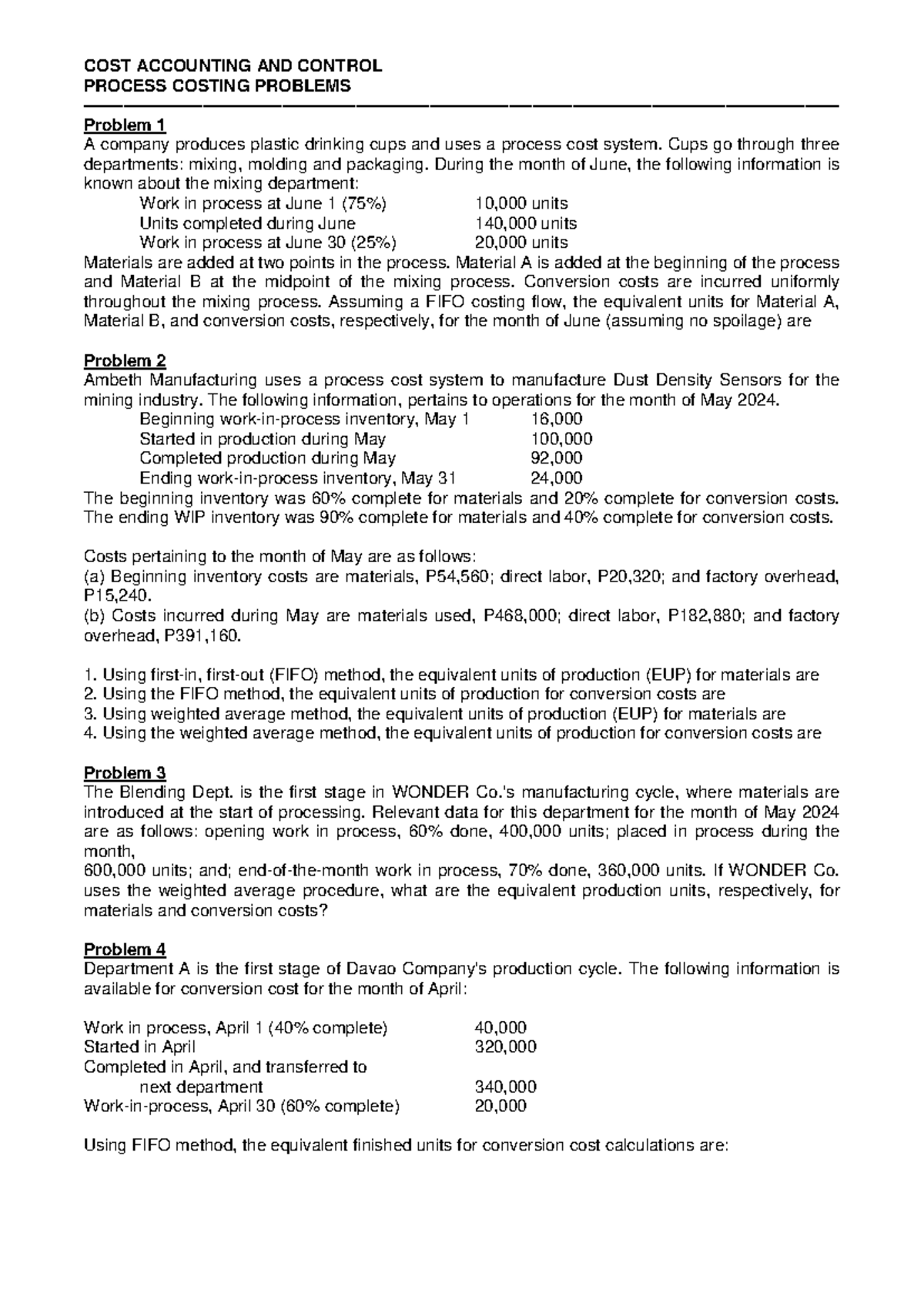 COST 301: Process Costing Problems and Equivalent Units Analysis - Studocu