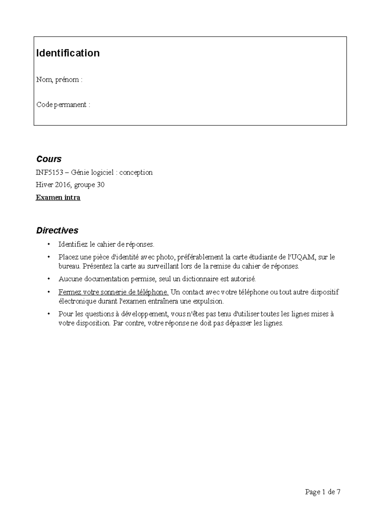 INF5153 Hiver 2016 Examen Intra: Directives et Questions - Document Preview