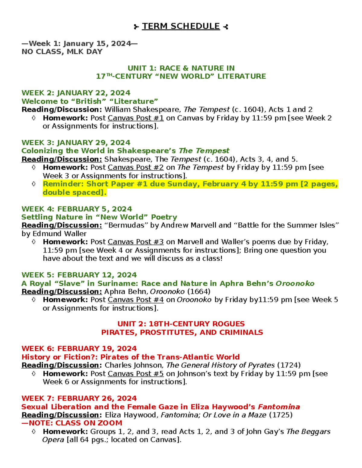 LITR 2321 Term Schedule: Literature, Assignments & Important Dates ...