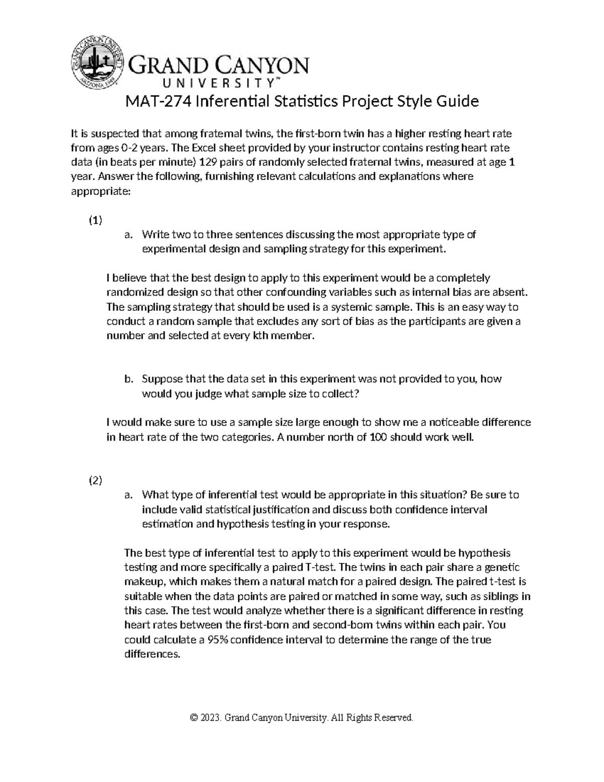 MAT 274 RS Inferential Statistics Project Style Guide FA 23 - Studocu