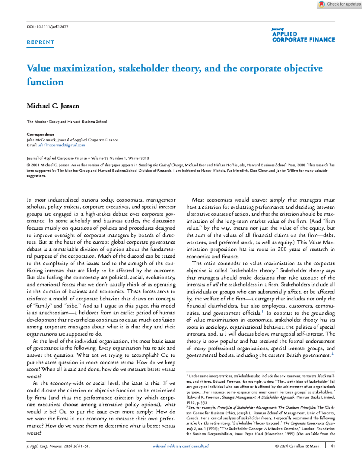 J. Appl. Corp. Finance: Value Maximization & Stakeholder Theory ...