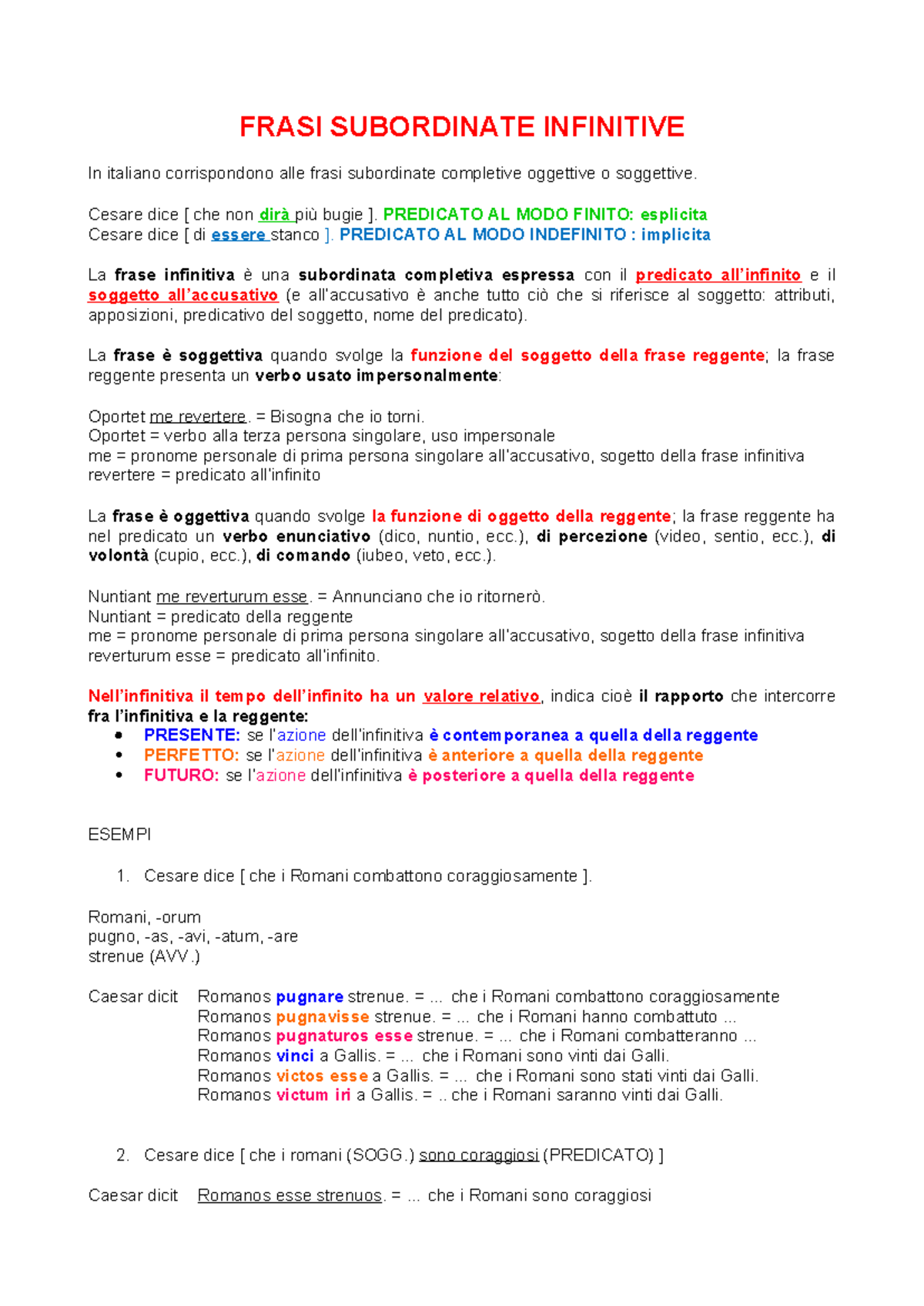 Frasi Subordinate Infinitive: Comprensione e Esempi Essenziali - Studocu