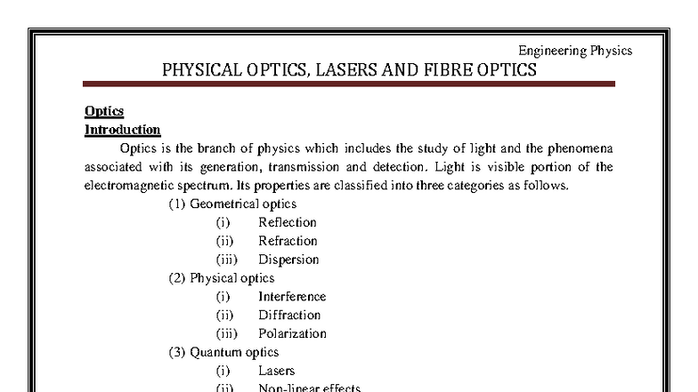 Engineering Physics: Physical Optics, Lasers & Fibre Optics Notes - Studocu