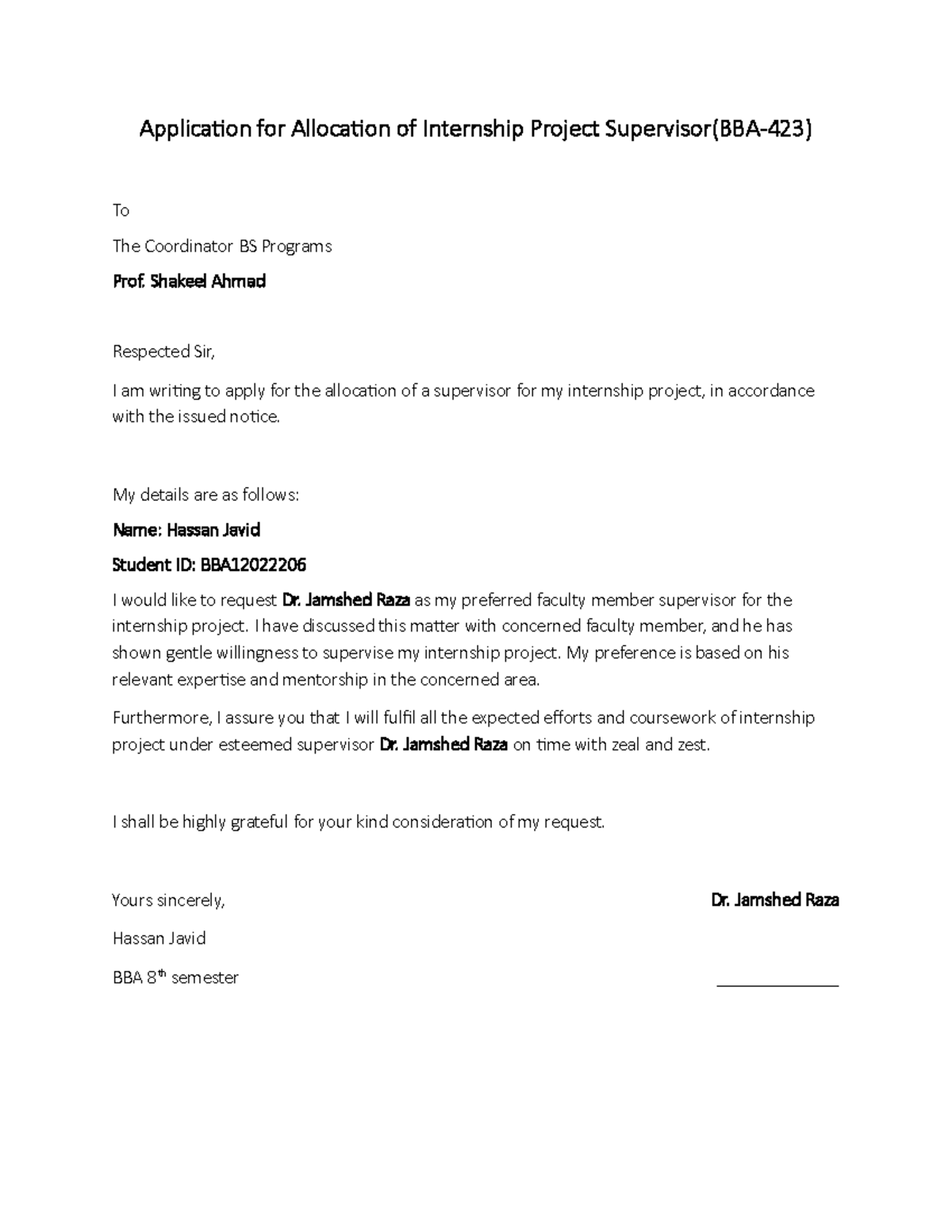 Application for Supervisor Allocation - BBA Internship Project - Studocu