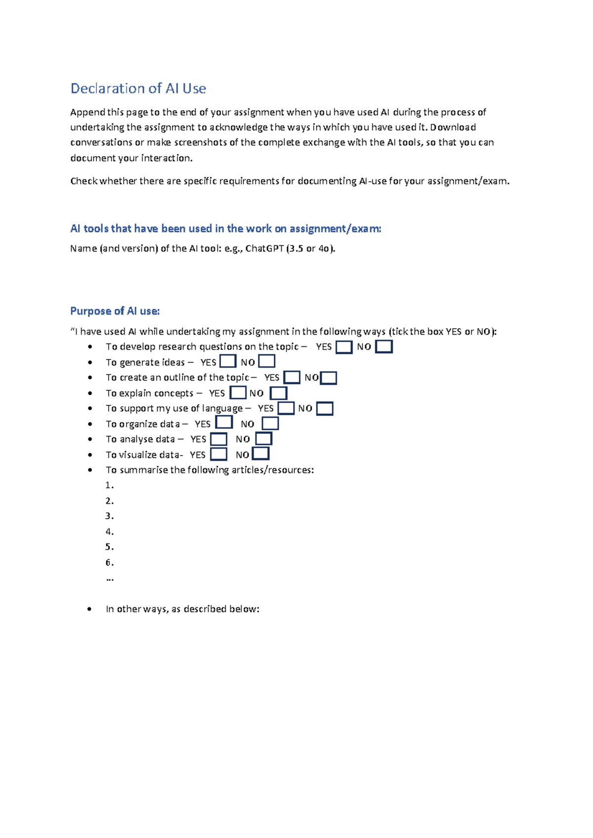 Declaration of AI Use for Assignment Acknowledgment - Studocu