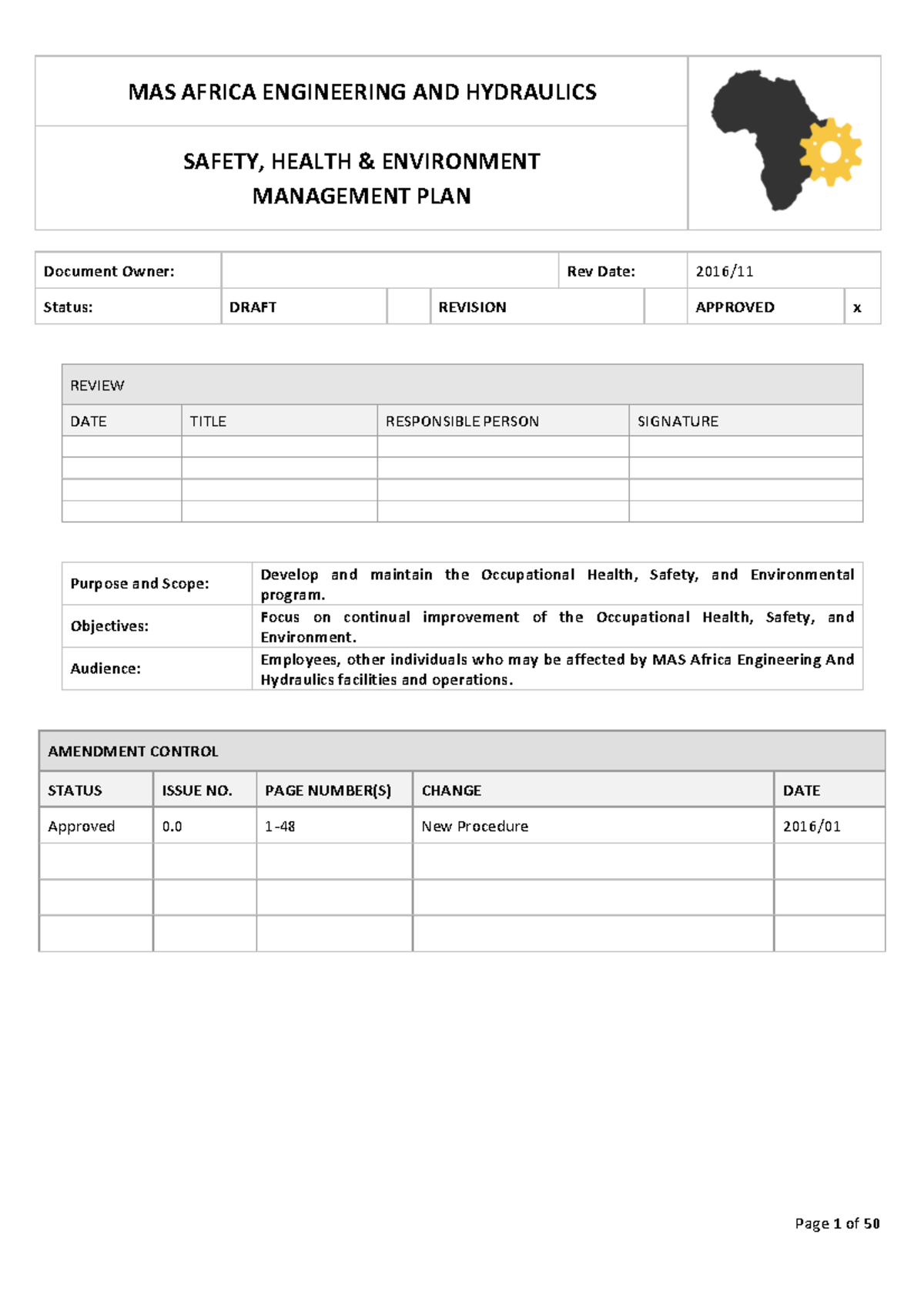 MAS AFRICA ENGINEERING AND HYDRAULICS SHE MANAGEMENT PLAN DRAFT - Studocu
