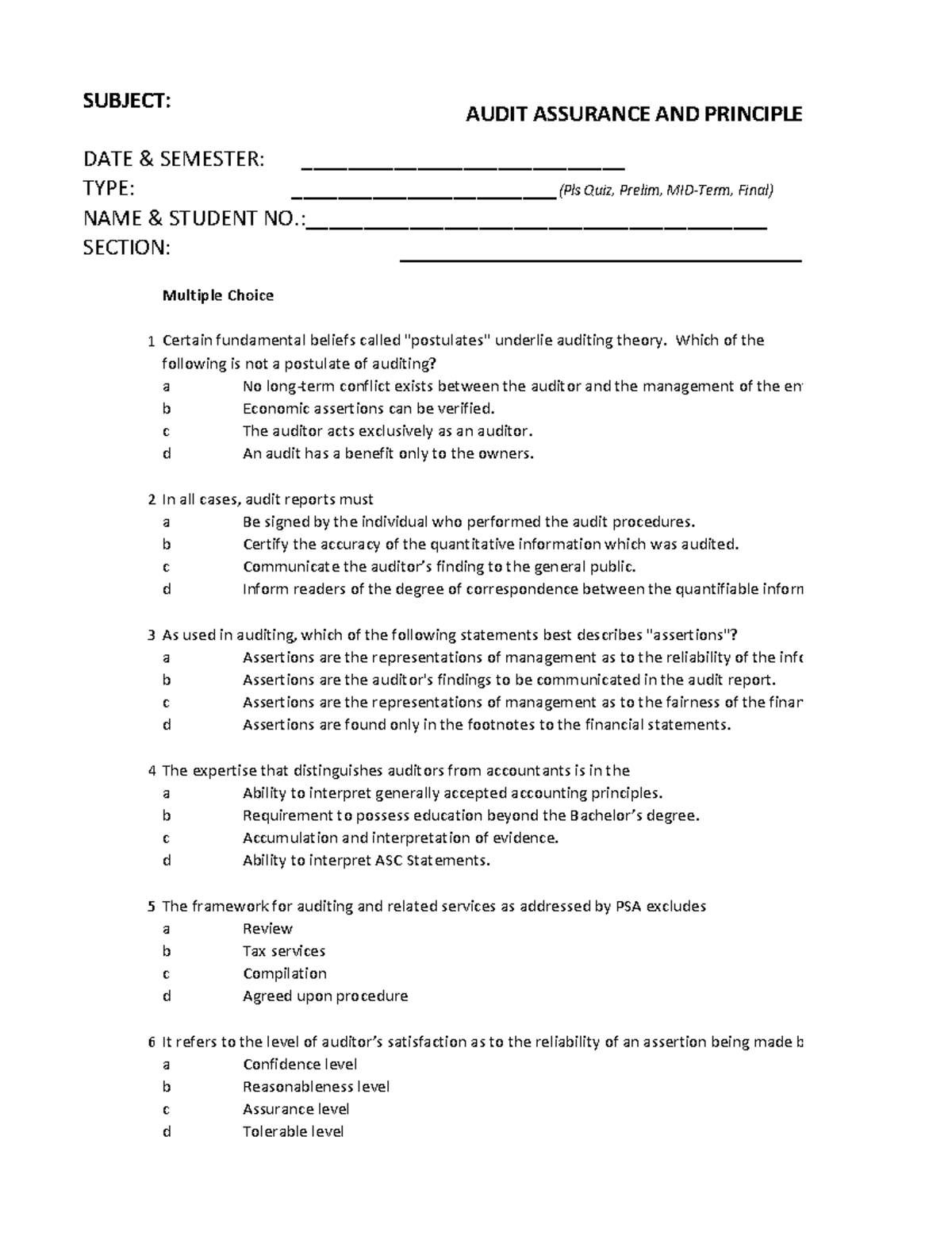 Auditing theory quiz questions and answers (AUD 101) - Studocu