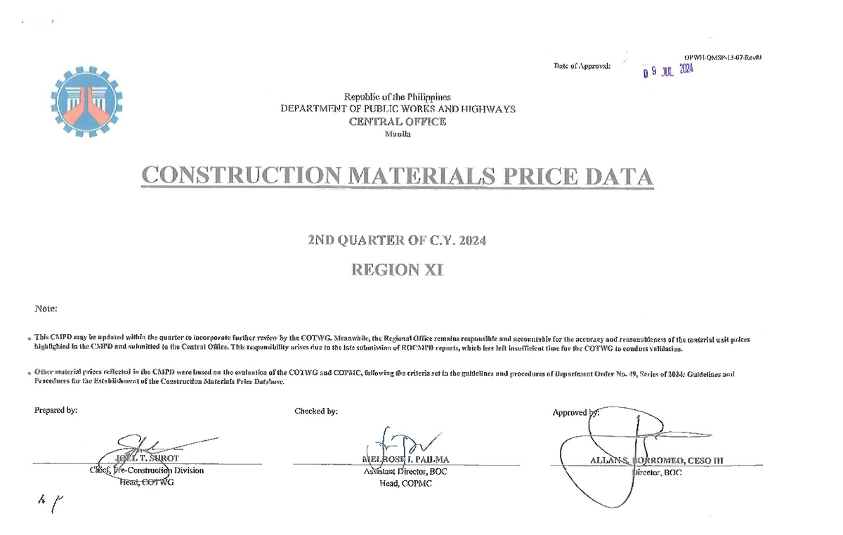 Region XI Construction Materials Price Data (CMPD) Q2 C.Y. 2024 - Studocu