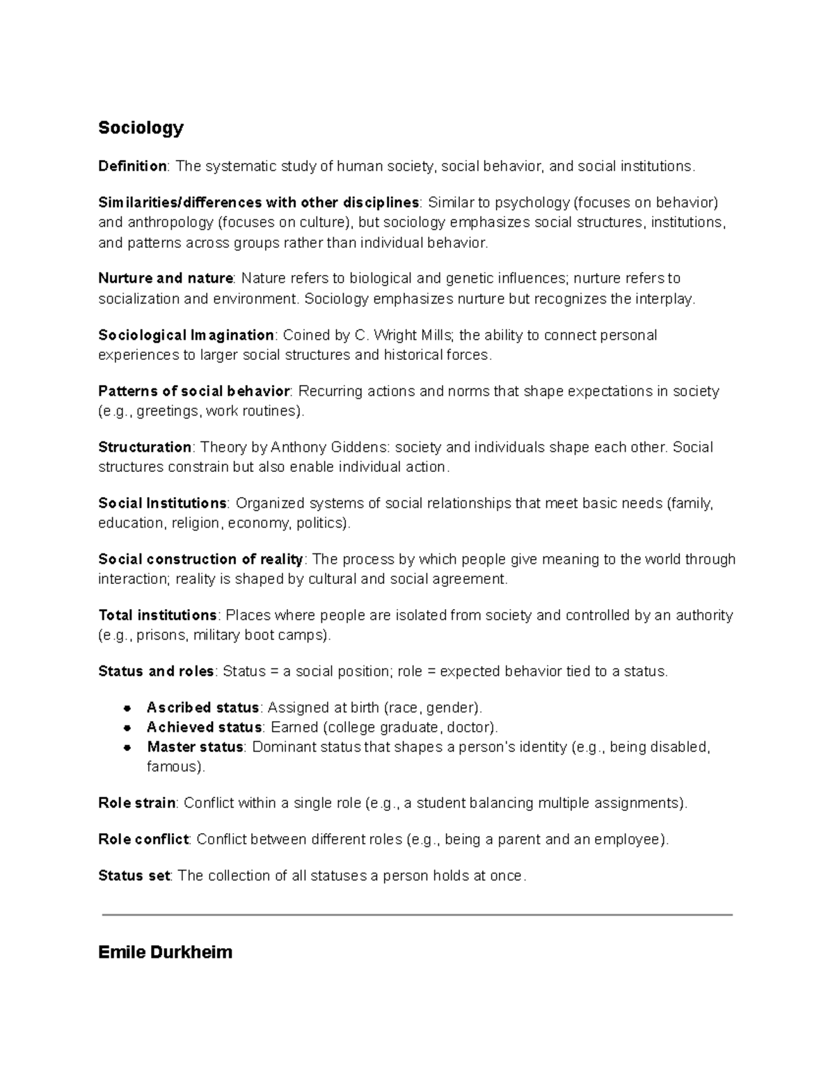 Sociology 101: Exam 1 Study Guide on Key Concepts & Theories - Studocu