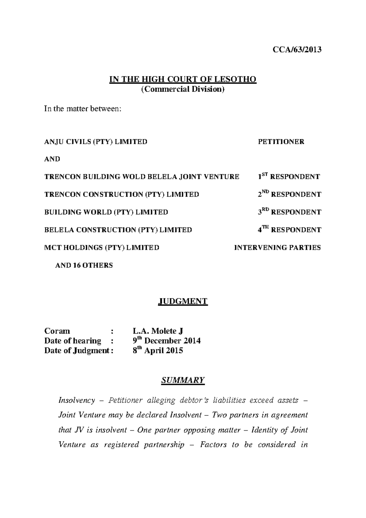 ANJU Civils (Pty) Ltd v Trencon Building World JV: Judgment Summary ...
