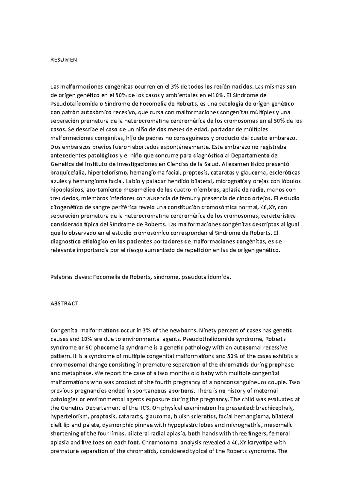 Estudio de Caso: Focomelia de Roberts y Malformaciones Congénitas - Studocu