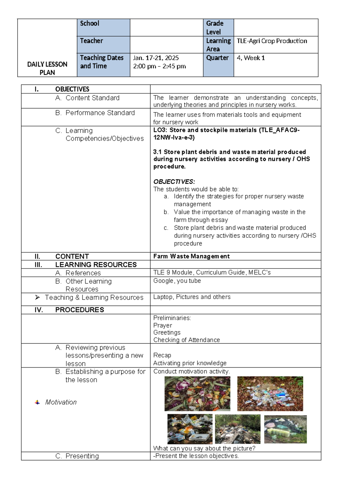 TLE 9 Lesson Plan: Sustainable Waste Management in Nursery Activities ...