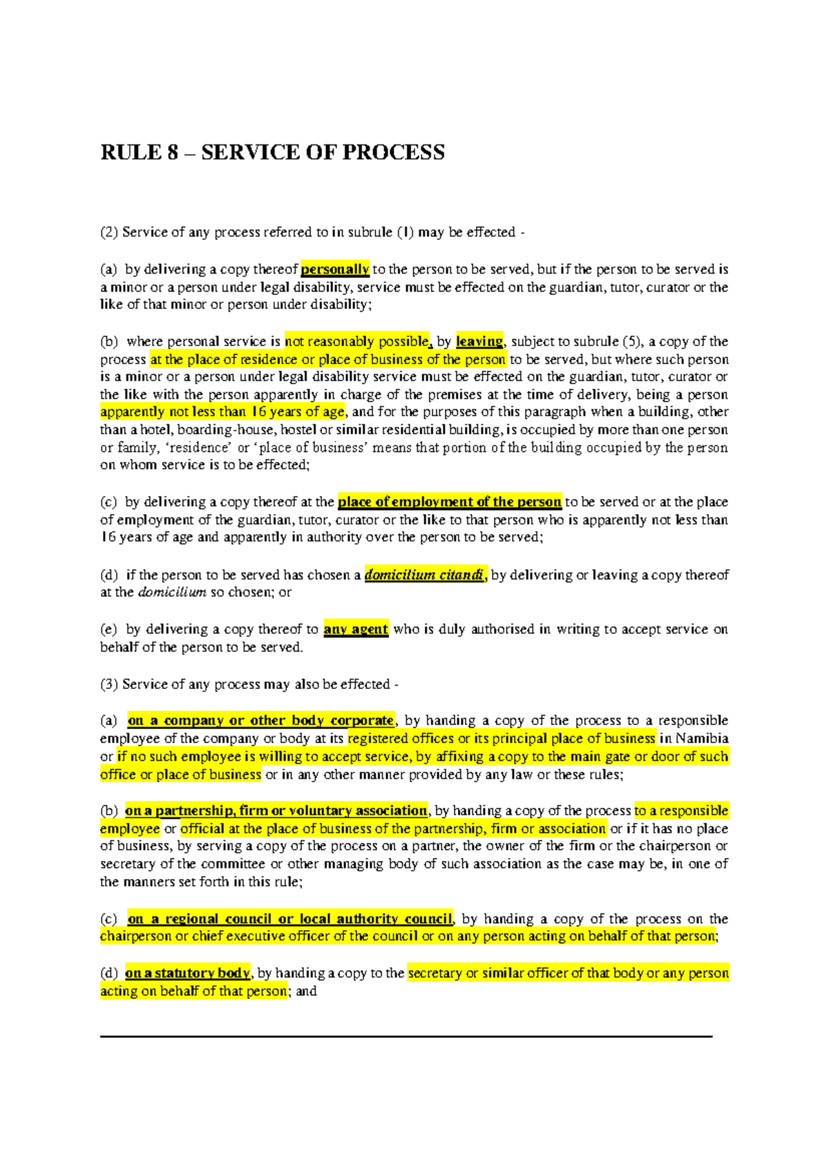 RULE 8 & 9: Service of Process in HC Rules - Studocu