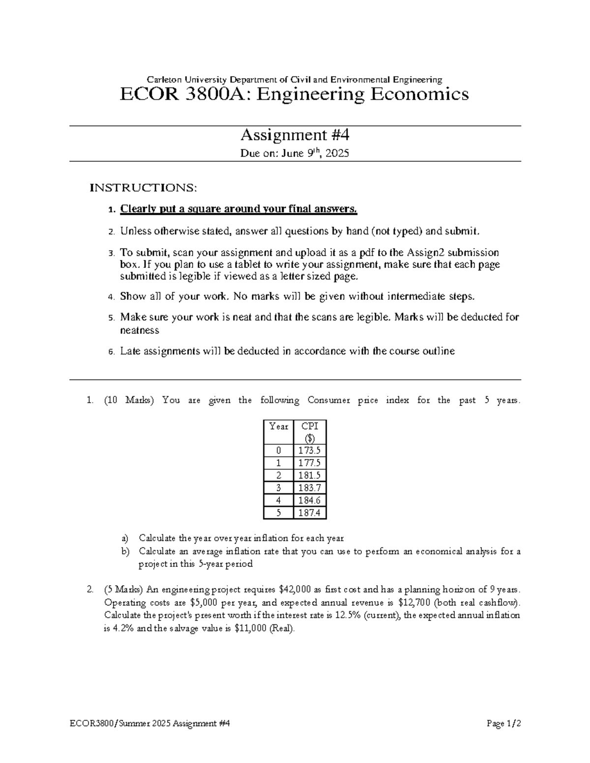 ECOR 3800A: Engineering Economics Assignment 4 - Summer 2025 - Studocu