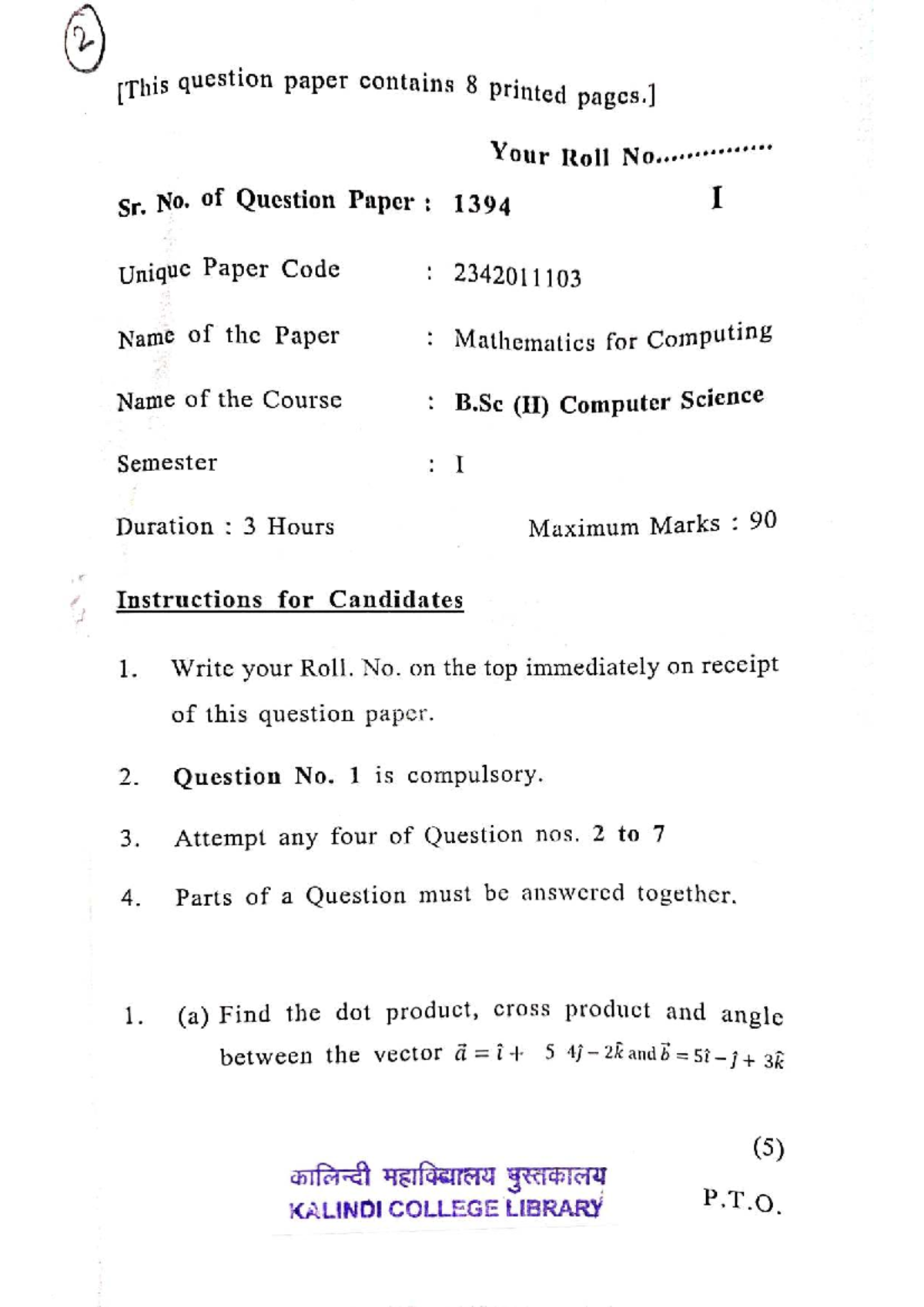Mathematics for Computing (B.Sc H) Semester I Question Paper 1394 - Studocu