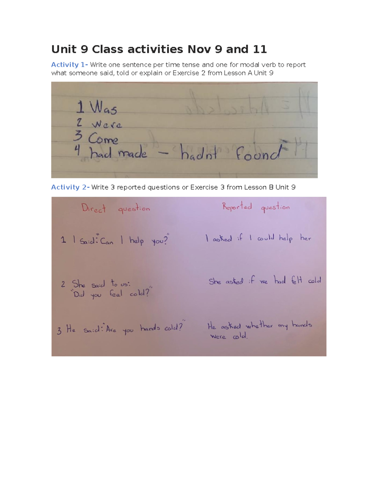 AI-Unit 9 Class activities Nov 9 and 11 - Unit 9 Class activities Nov 9 ...