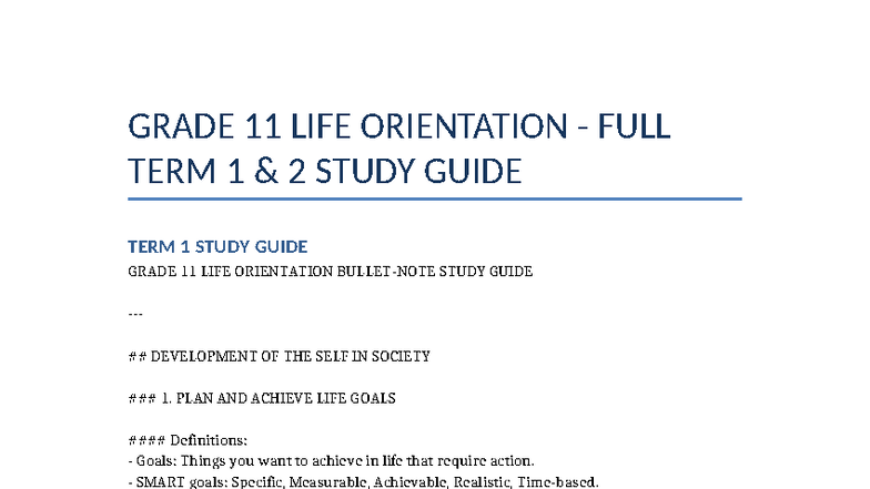GRADE 11 LO TERM 1 & 2 STUDY GUIDE: SELF DEVELOPMENT GOALS - Studocu