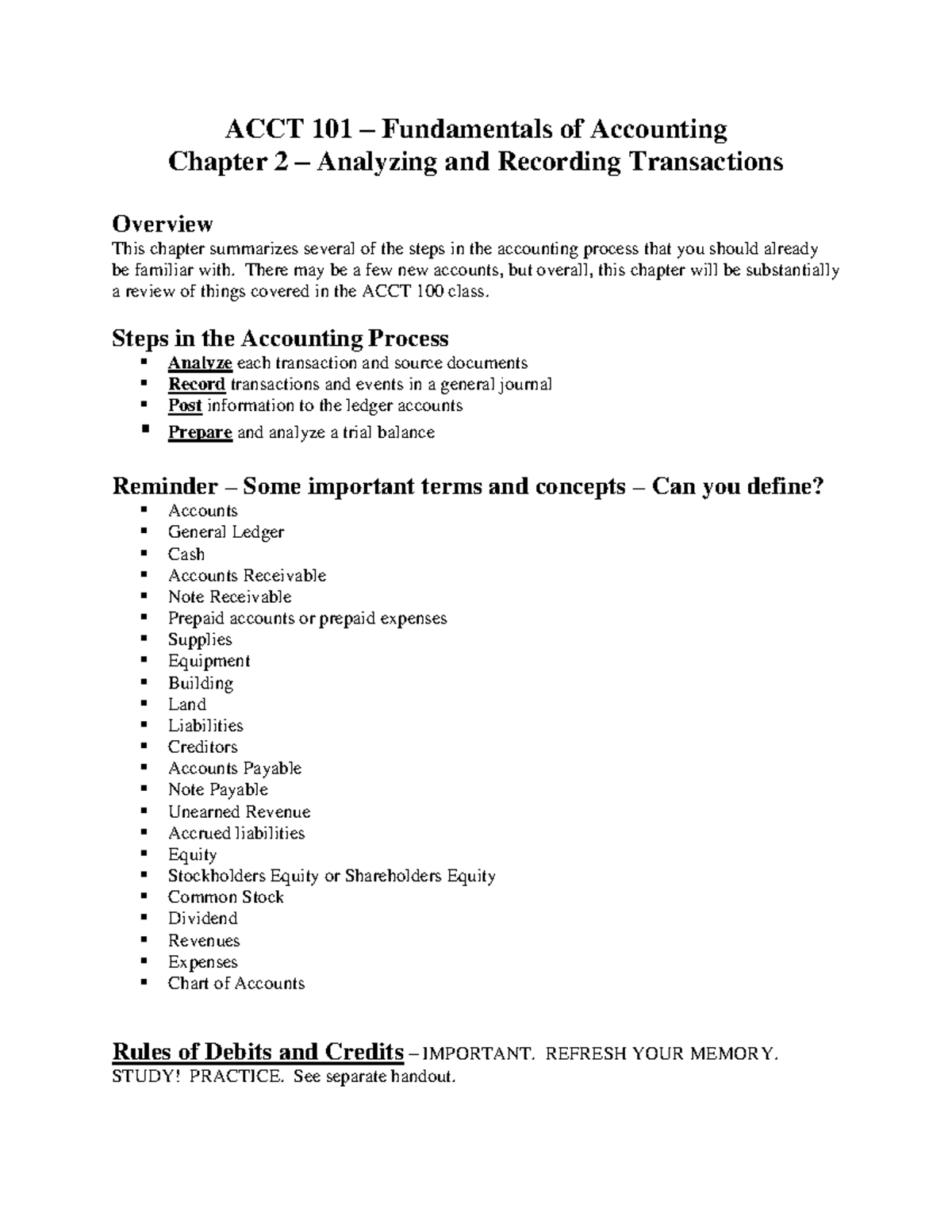 ACCT 101 Chapter 2 Transactions Analysis & Recording Guide - Studocu