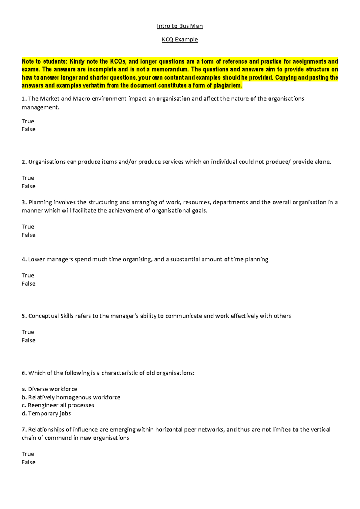 Intro to Bus Man KCQ Example Notes for Students - Studocu