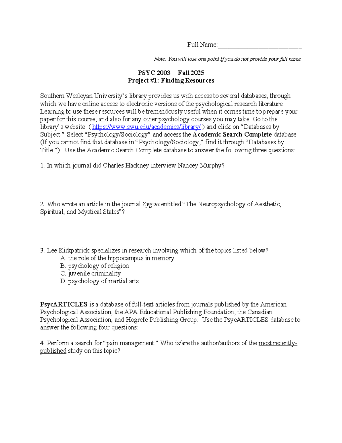 Homework 1: Databases for PSYC 2003 Fall 2025 Project - Studocu