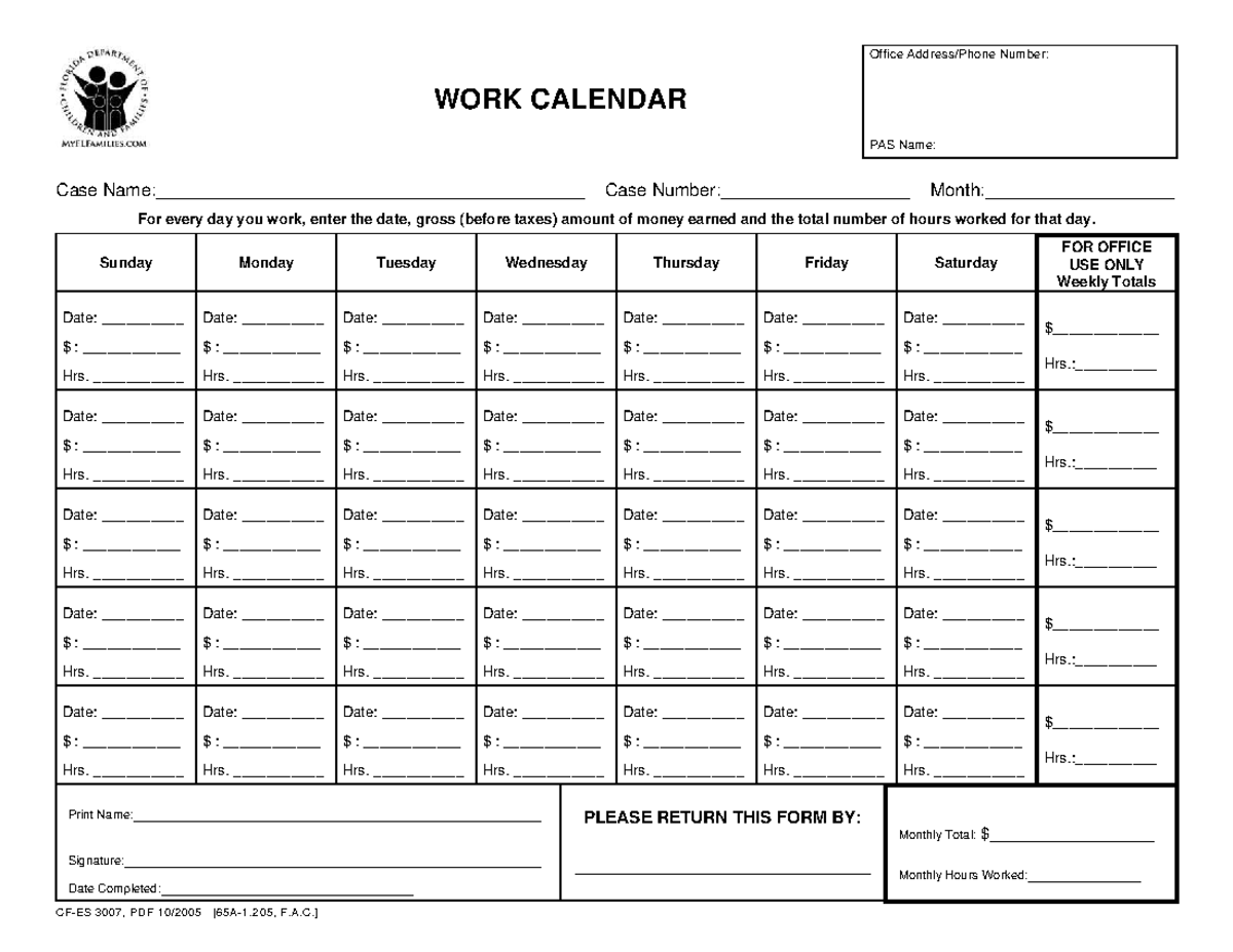ES3007: Weekly Work Calendar & Hours Tracking Form - Studocu