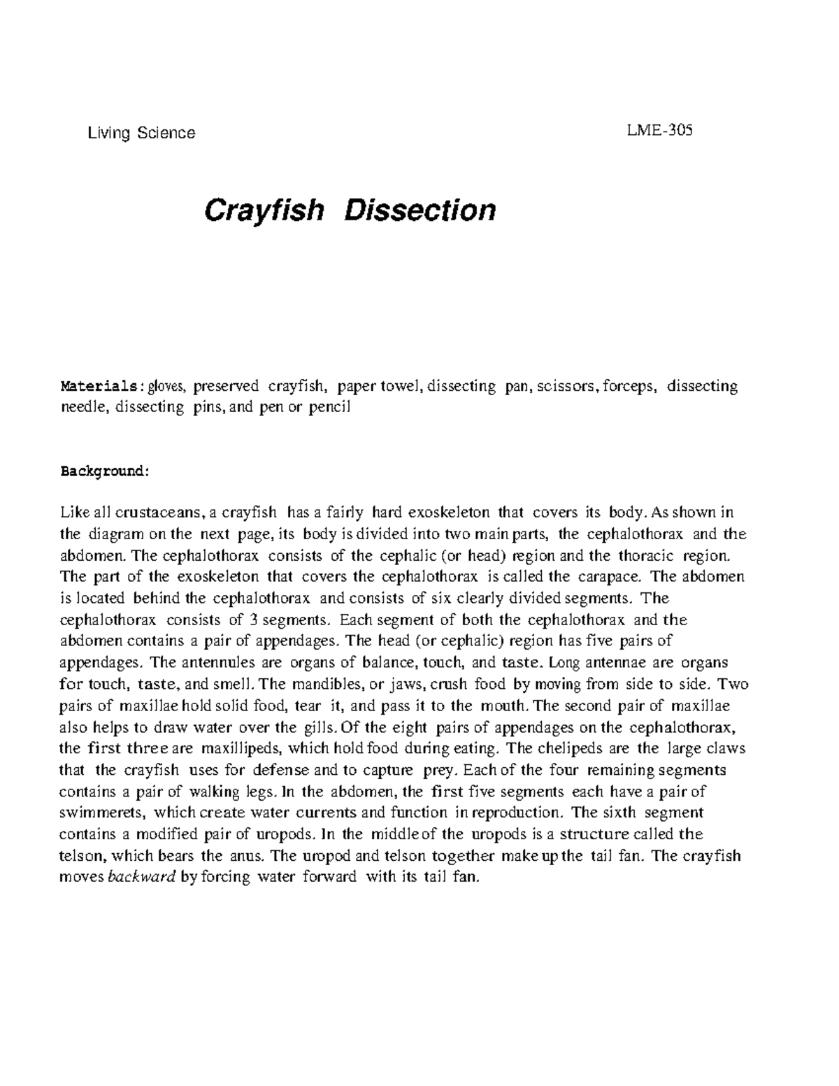 LME-305 Crayfish dissection guide and procedure notes - Studocu