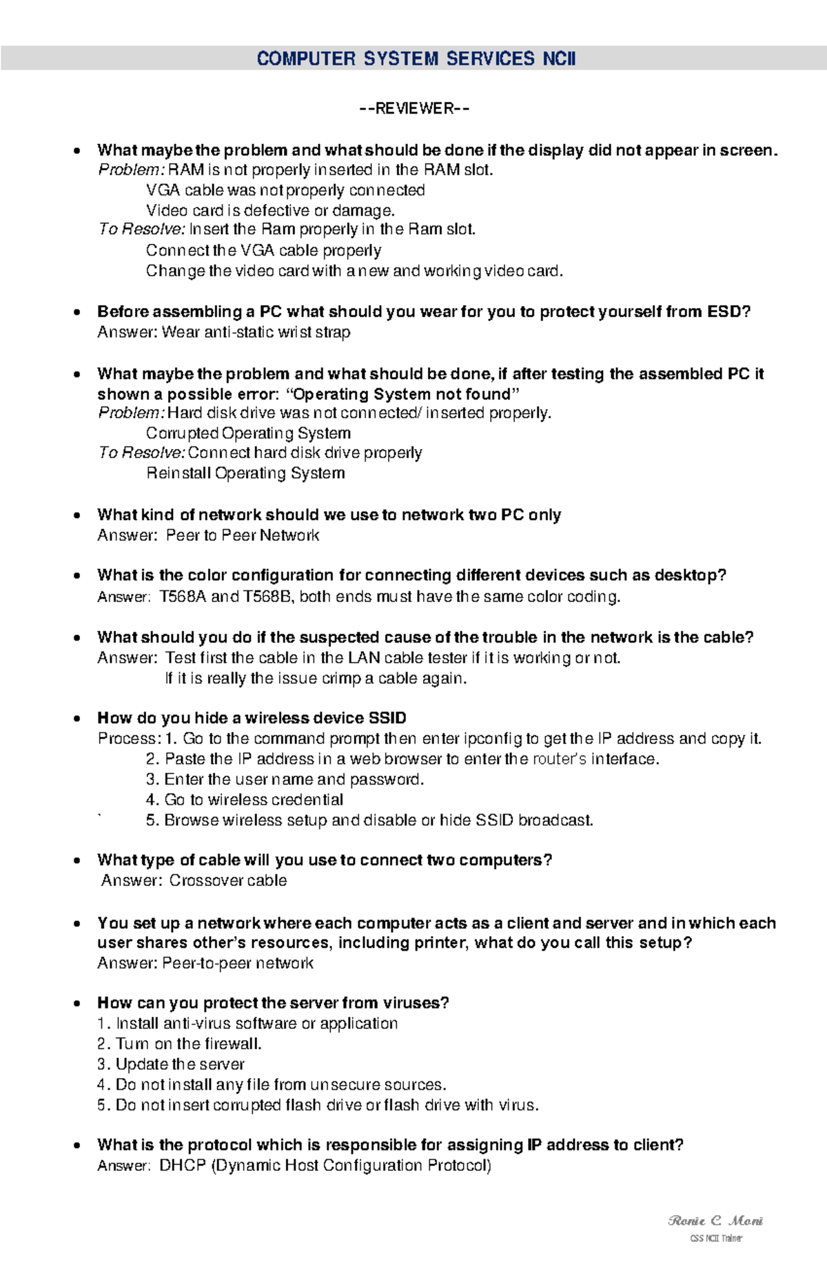 Oral Questioning Reviewer for CSS NCII 2025 by Ronie C. Moni - Studocu