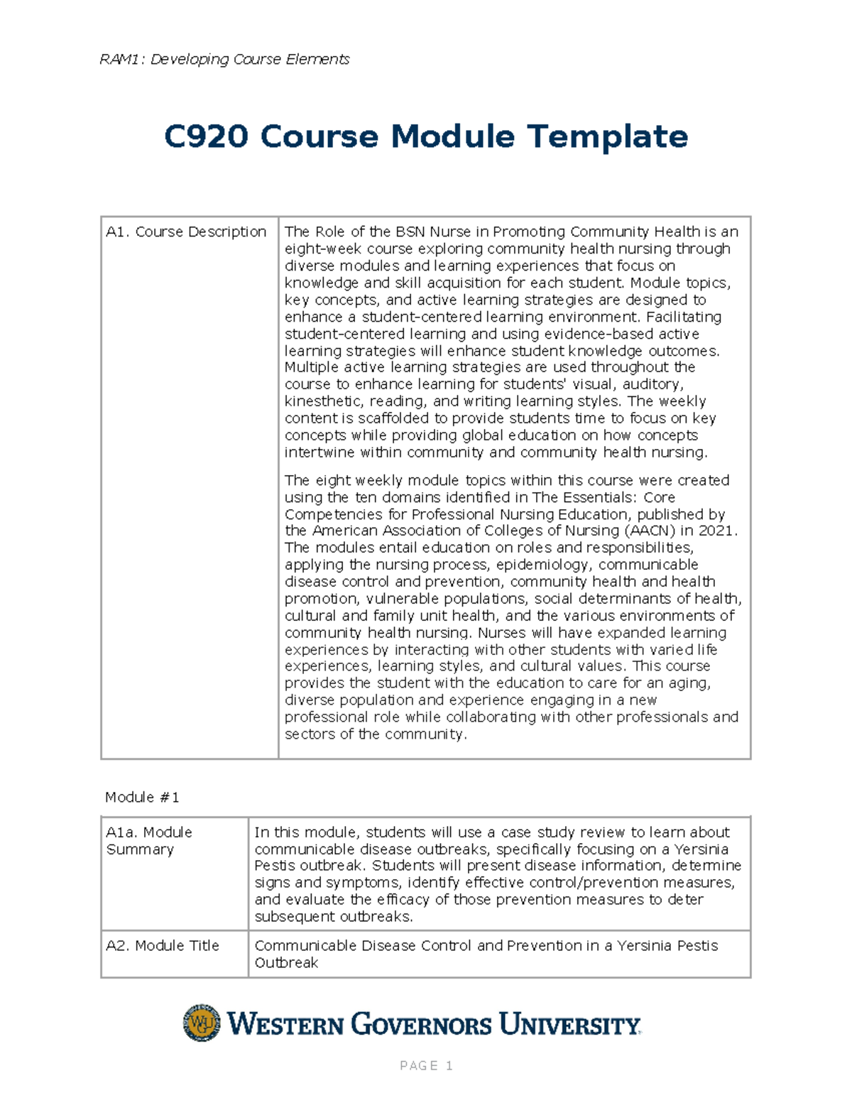 C920 Course Module Ver 1 - RAM1: Developing Course Elements C920 Course ...
