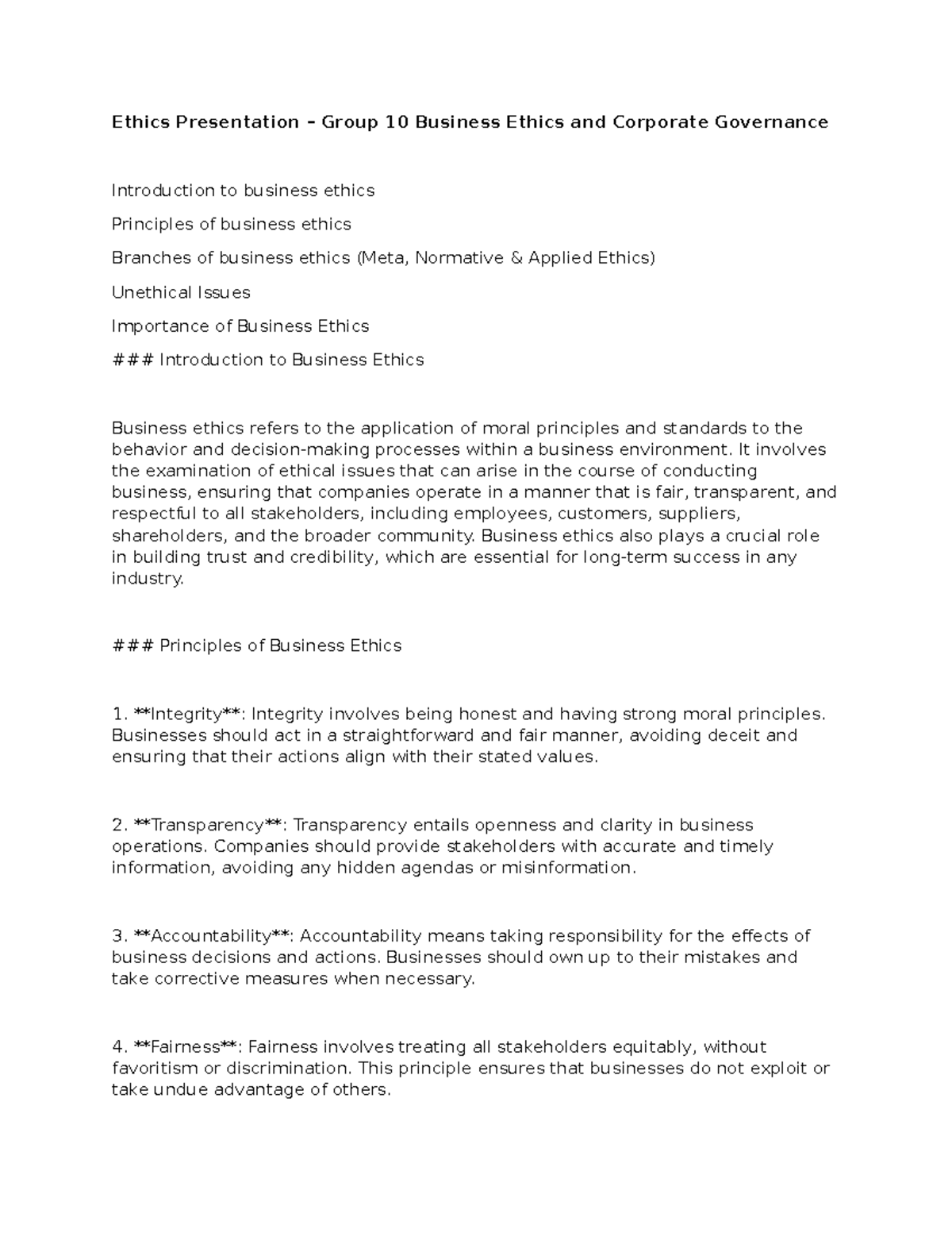 BUS301: Ethics Presentation - Principles and Importance in Business ...