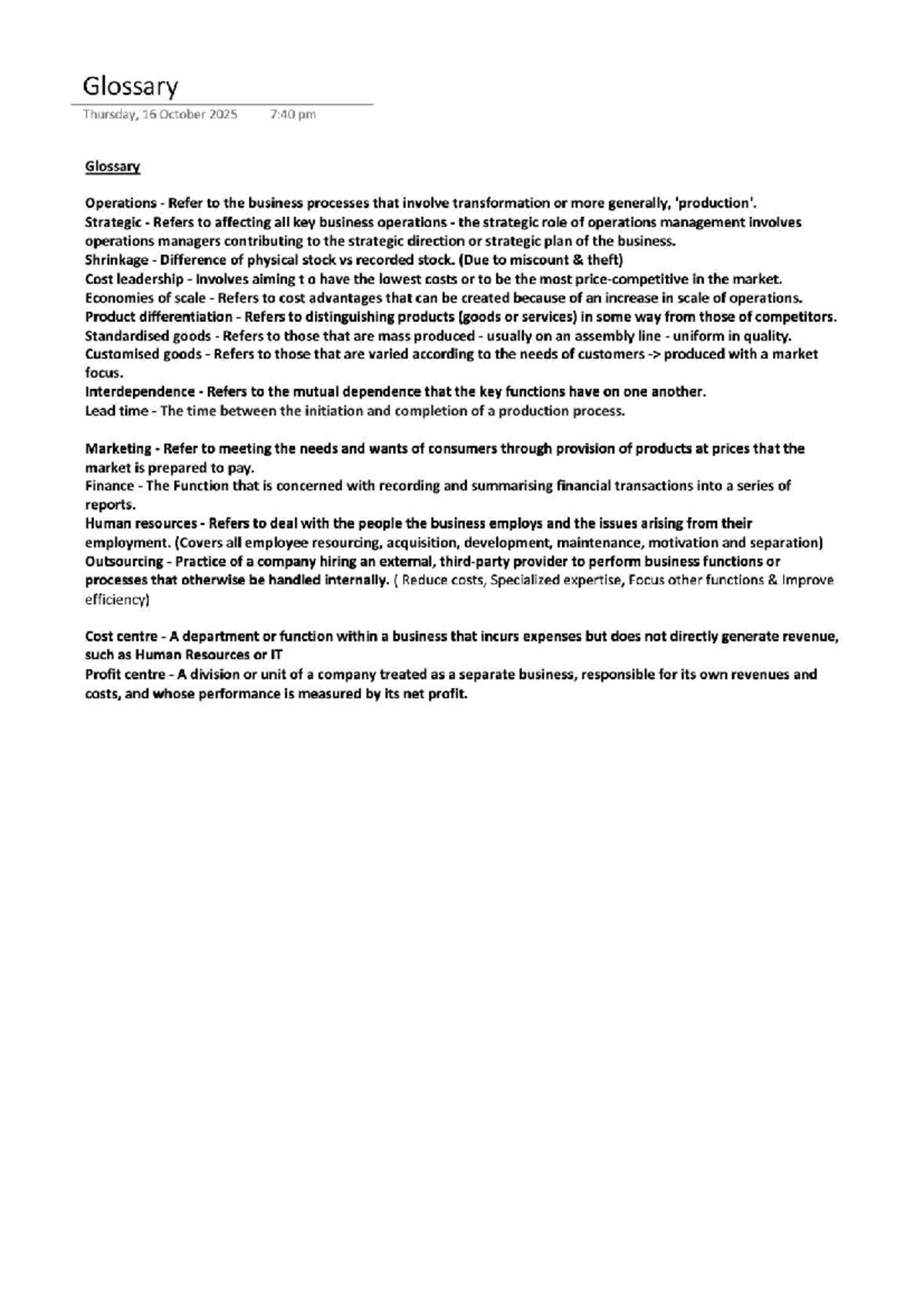 Glossary of Key Operations Terms - AP - Studocu