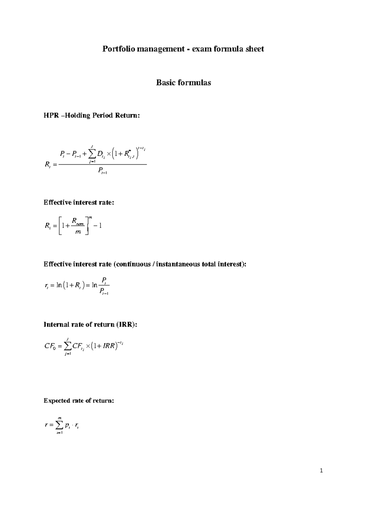 Portfolio Management Exam Formula Sheet 2023 - Studocu