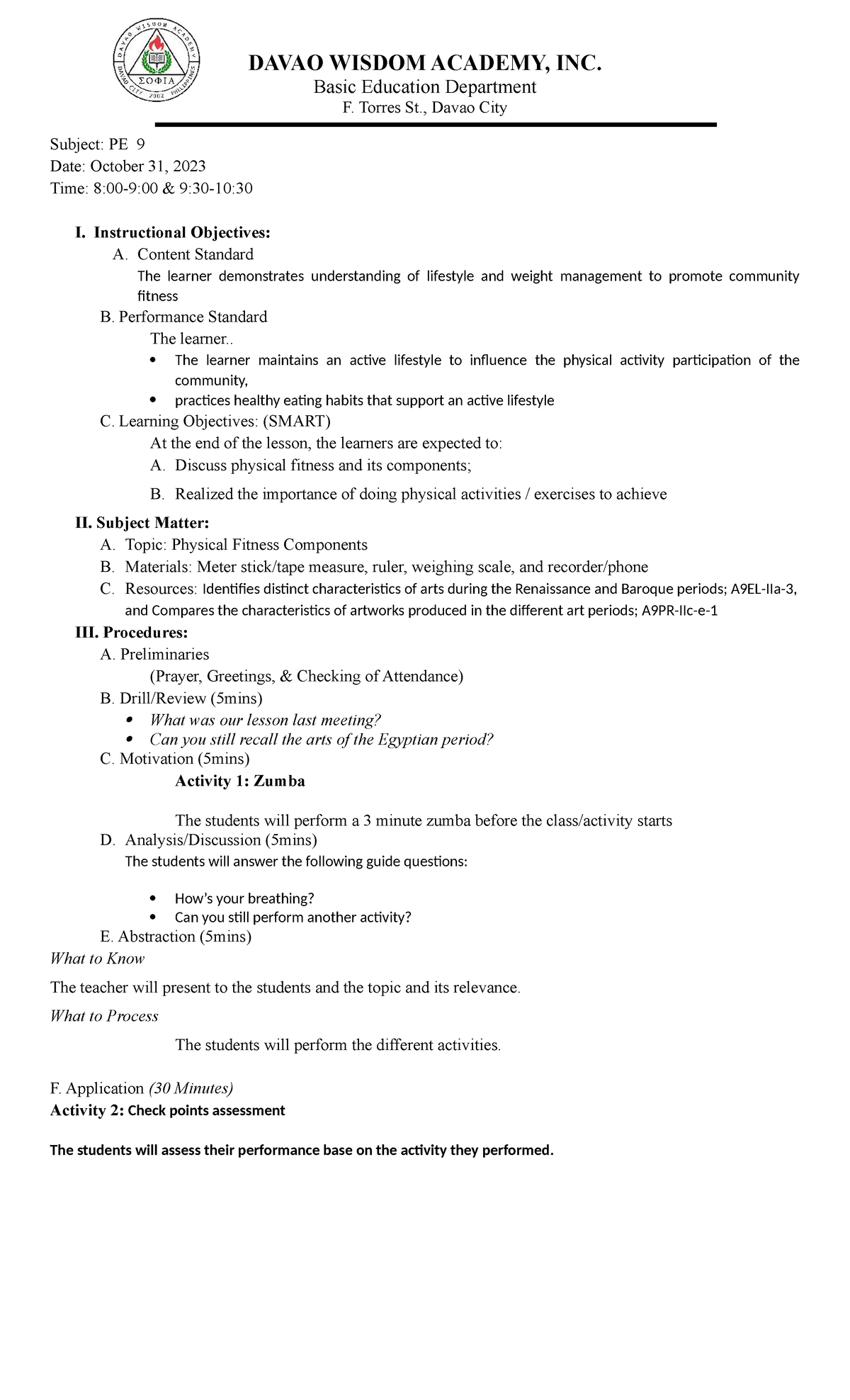 PE 9 Q2 Lesson Plan: Understanding Physical Fitness Components - Studocu
