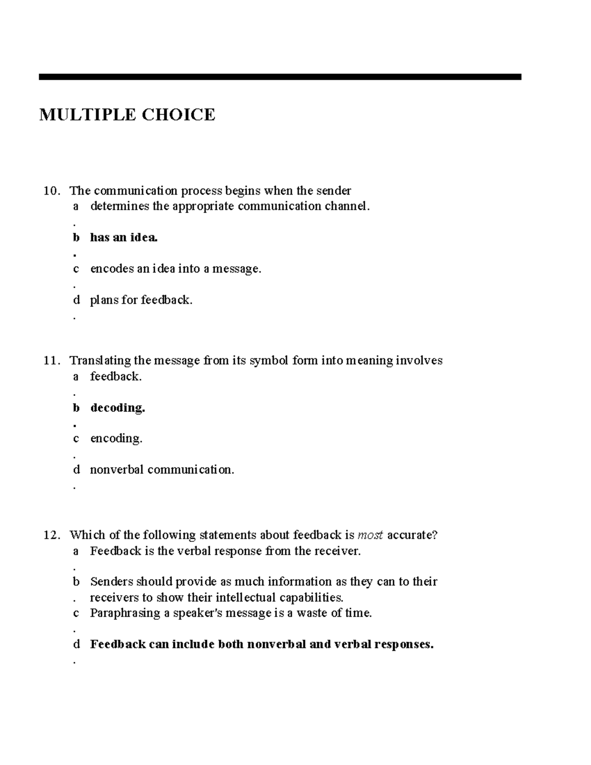 Multiple Choice Questions on Communication Process - ESP121.8 - Studocu