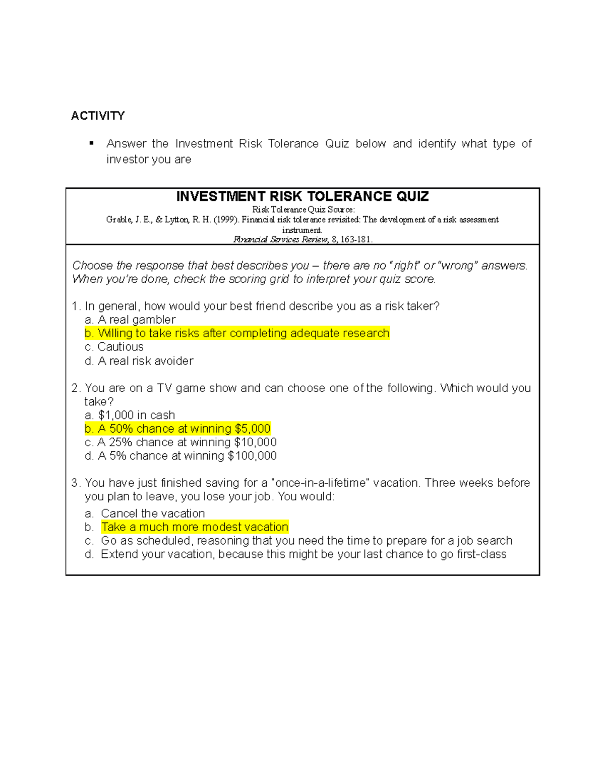 Investment Risk Tolerance Quiz Assessment for Students - Studocu