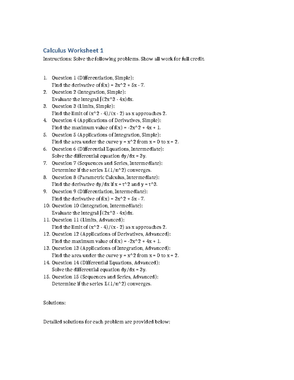 Detailed Calculus Worksheet 1 - Calculus Worksheet 1 Instructions ...