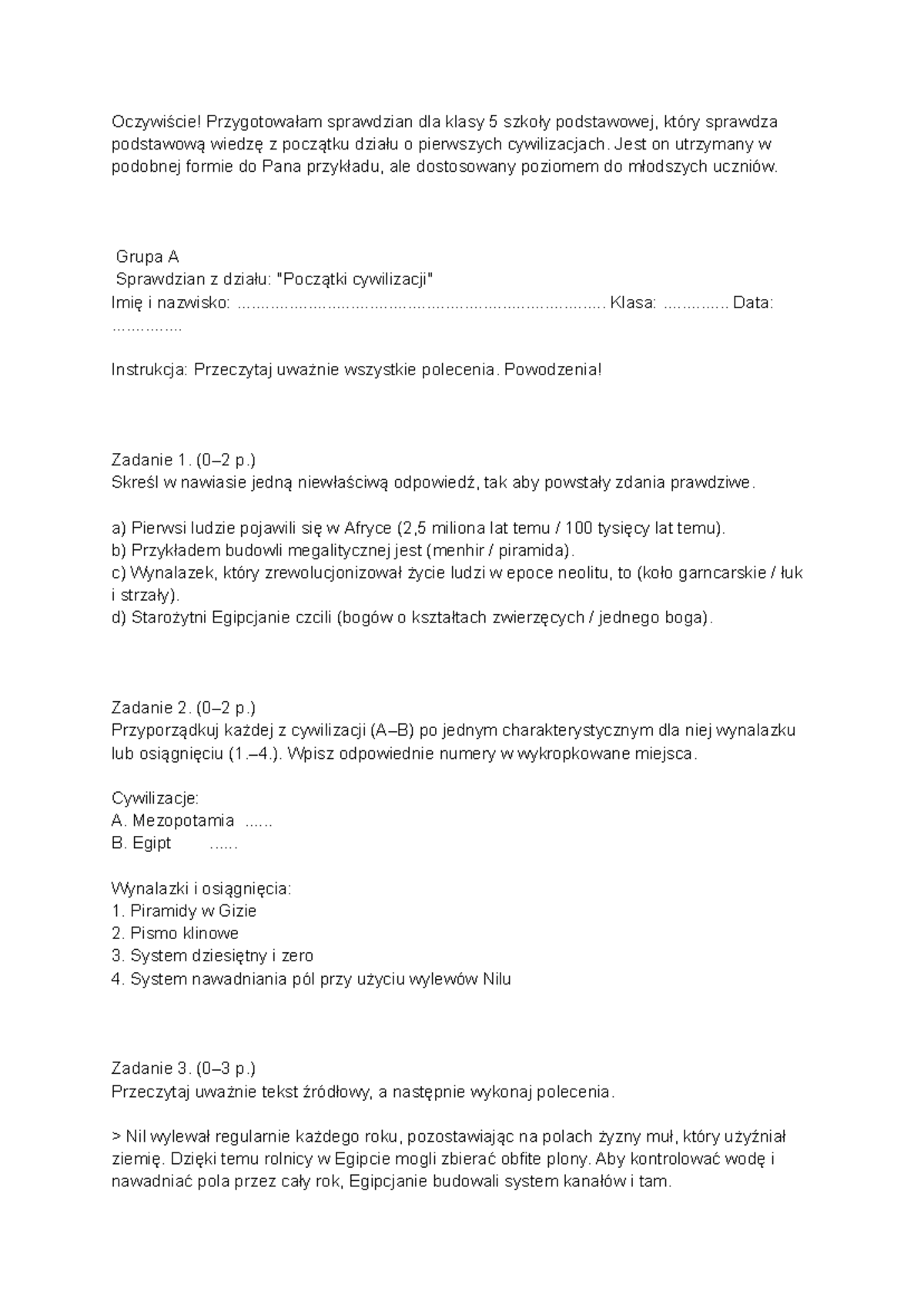Sprawdzian z historii dla klasy 5: Pierwsze cywilizacje - Grupa A - Studocu