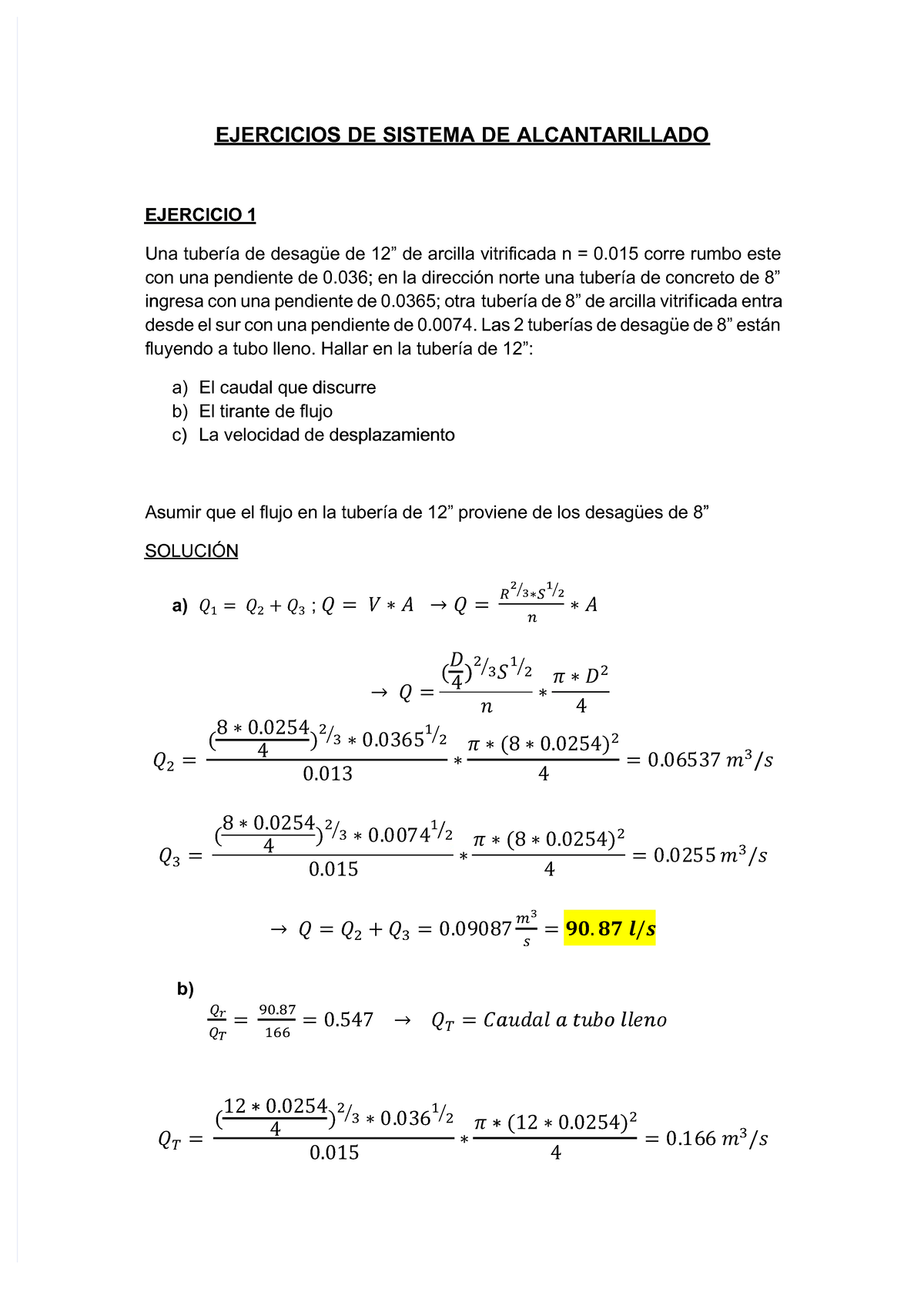 Ejercicios de Sistema de Alcantarillado - Ing. Rubén (PDF-349205704) - Document Preview