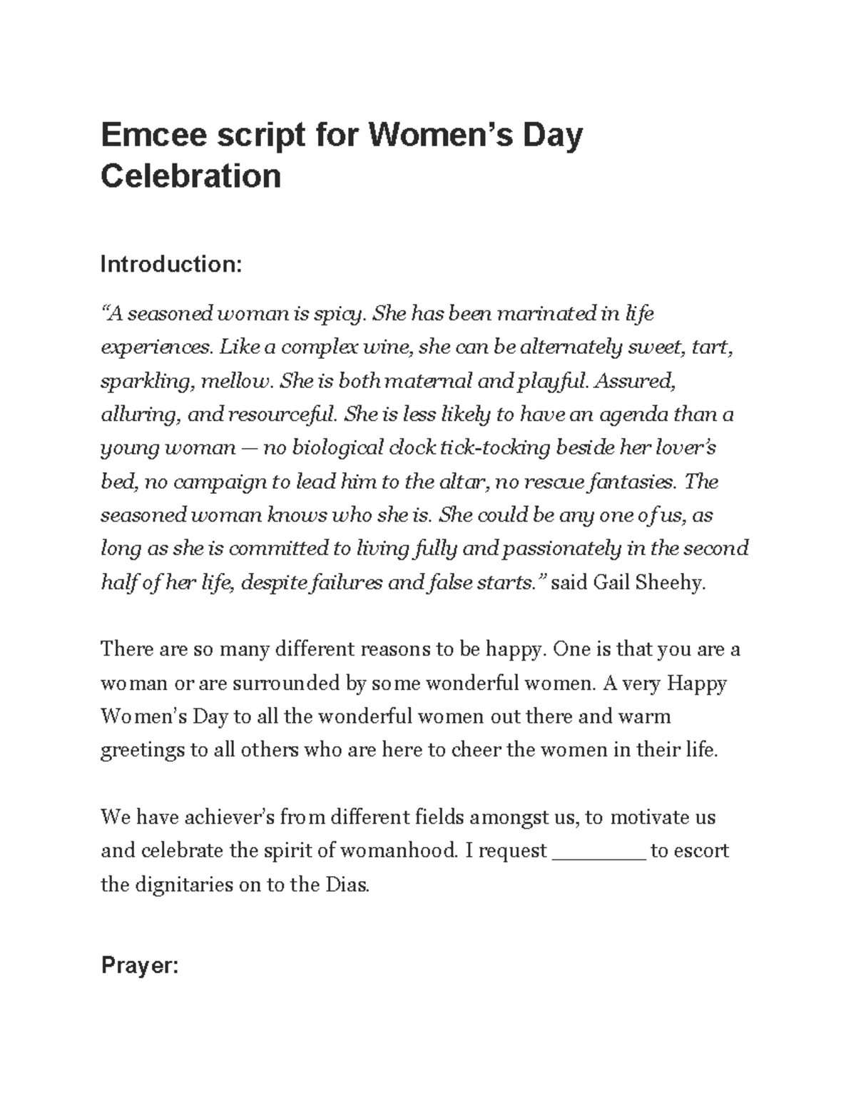 Emcee Script for Women’s Day Celebration - Special Event - Studocu