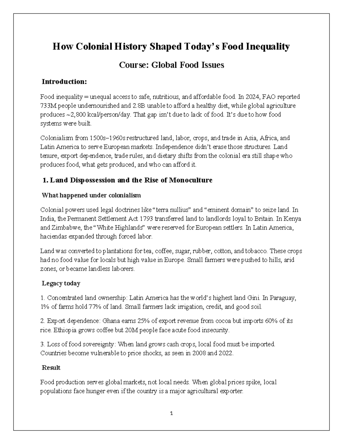 Colonial History and Its Impact on Food Inequality: Global Food Issues ...