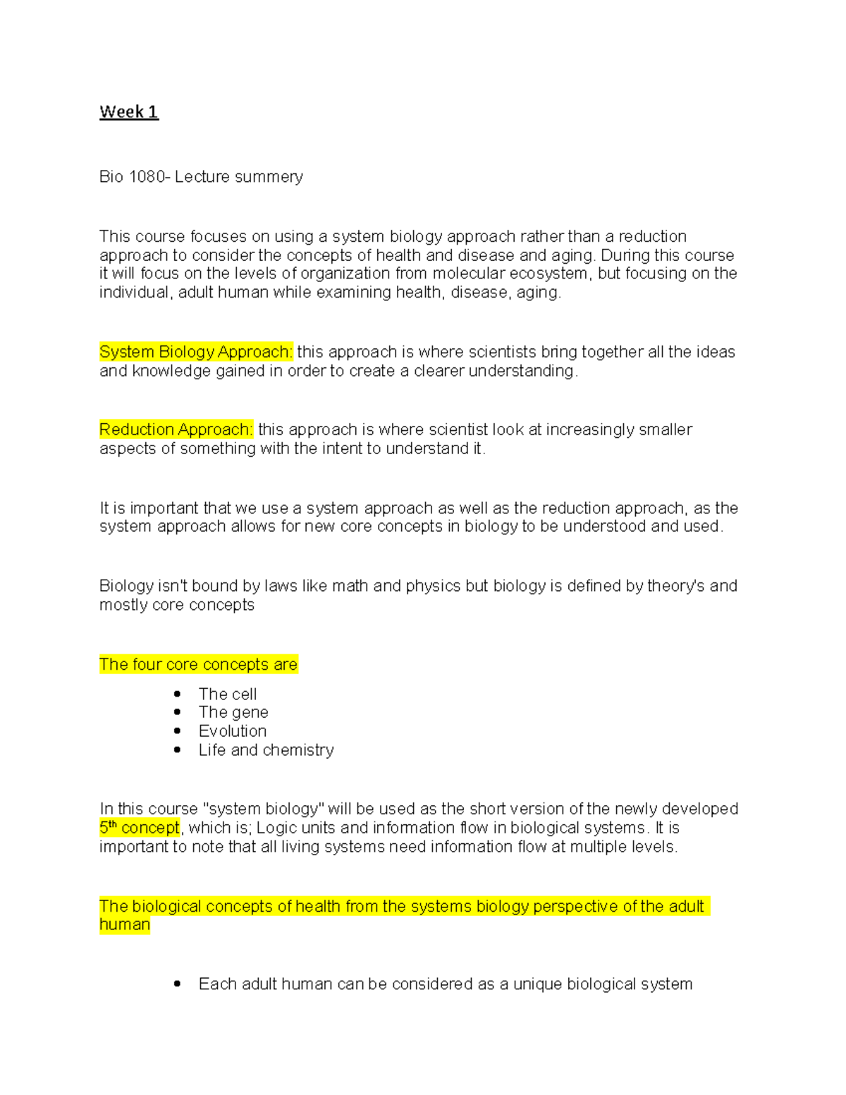 Bio 1080- Lecture summery - Week 1 Bio 1080- Lecture summery This ...