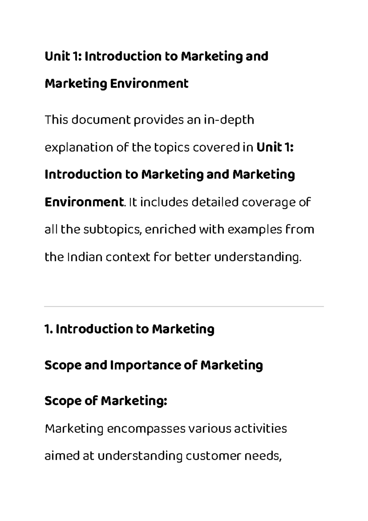 Unit 1 Marketing Notes: Introduction to Marketing & Environment - Studocu