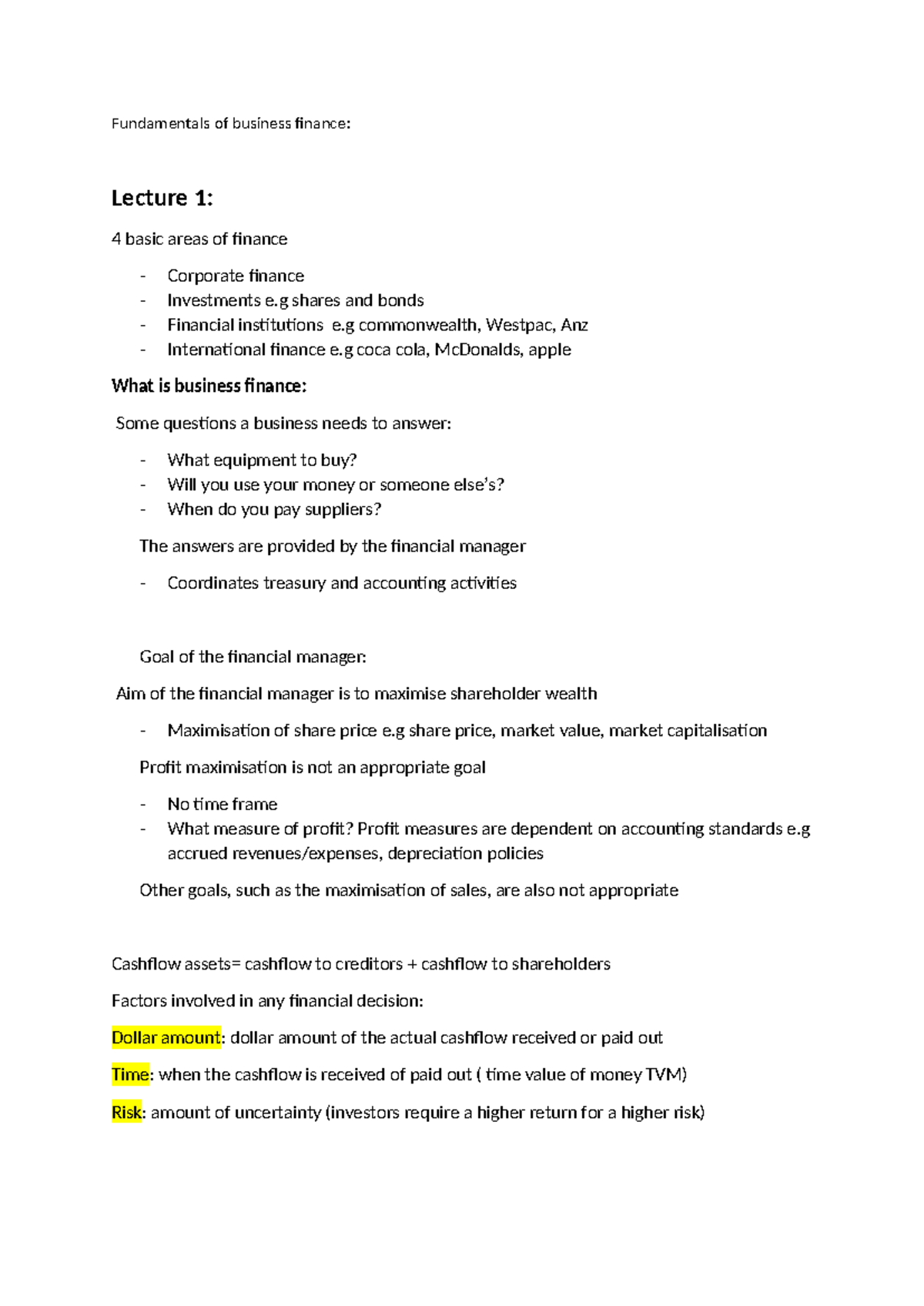 BUS 101: Fundamentals of Business Finance - Lecture 1 Notes on Key ...