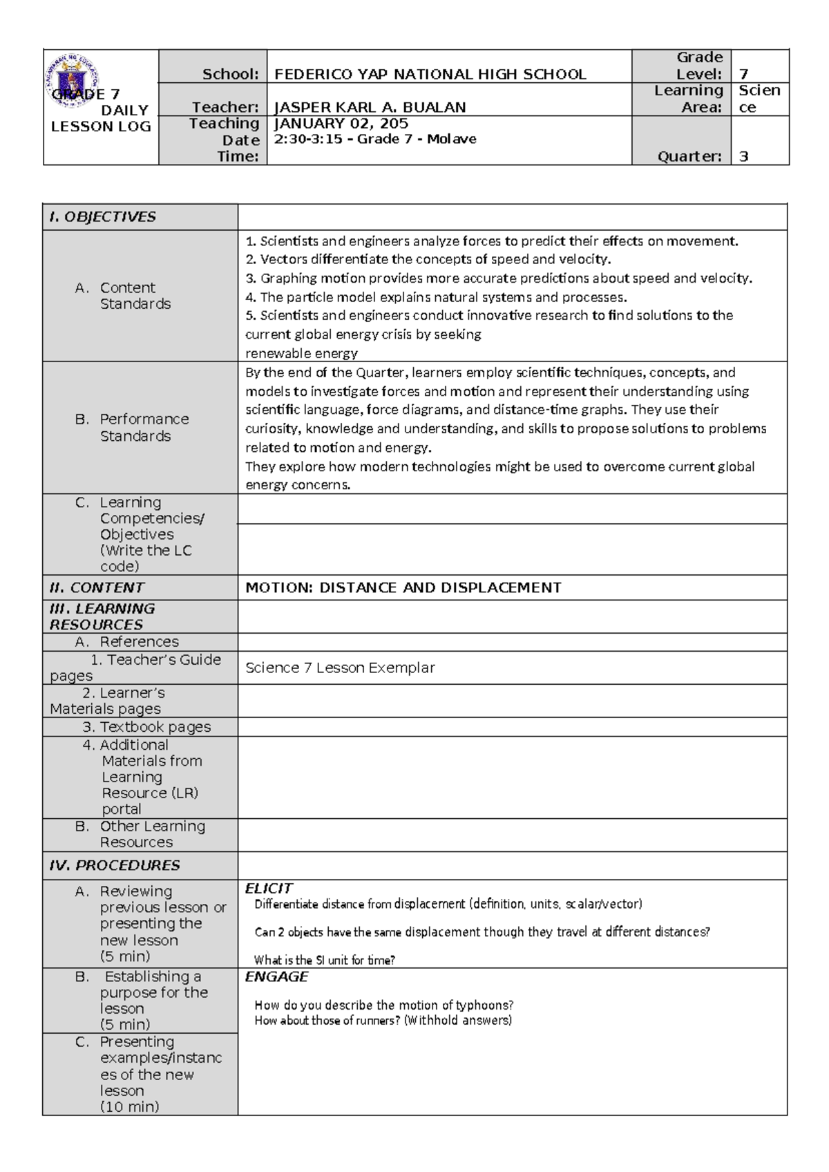 Grade 7 Science Daily Lesson Log: Motion, Distance & Displacement - Studocu