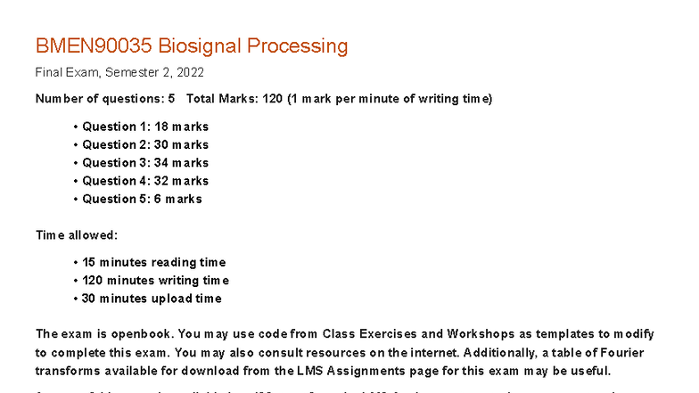 BMEN90035 Biosignal Processing Final Exam, Semester 2, 2022 - Studocu