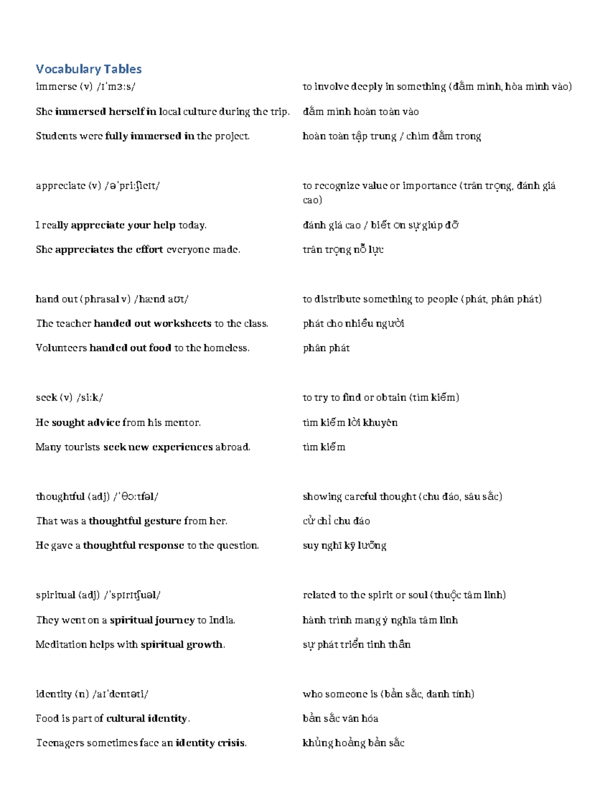 Vocabulary Tables for Language Learning - Studocu
