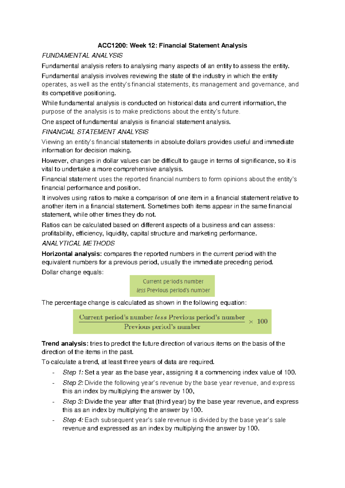 ACC1200: Week 12 Financial Statement Analysis & Key Ratios Guide - Studocu